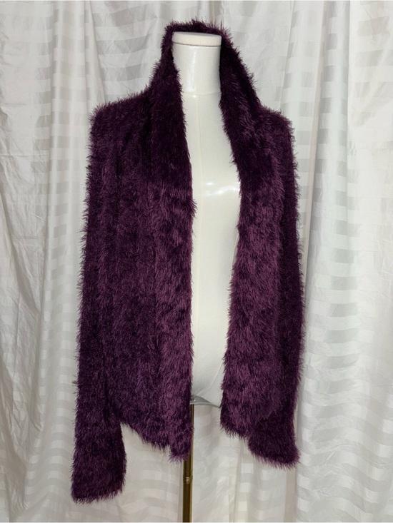 LOGO by Lori Goldstein Sweaters - Plush Faux Fur Open Front Cardigan Sweater - Deep Purple LOGO Lori Goldstein